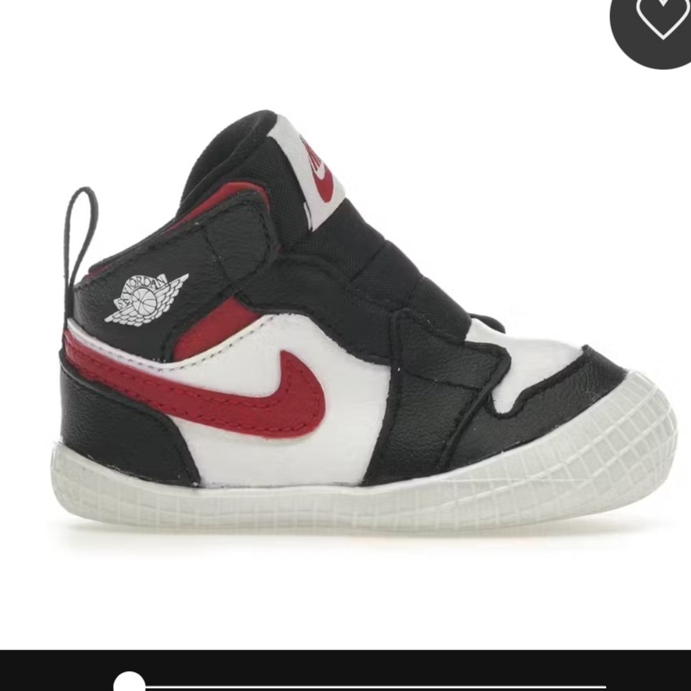 Nike Air Jordan 1 Crib Booties in the black, white, and red colorway size 2C